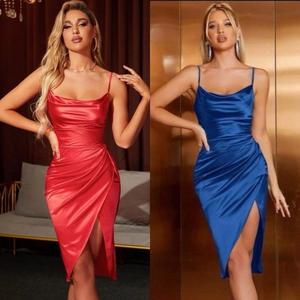 PARTHEA Draped Collar Wrap Ruched Satin Cami Dress